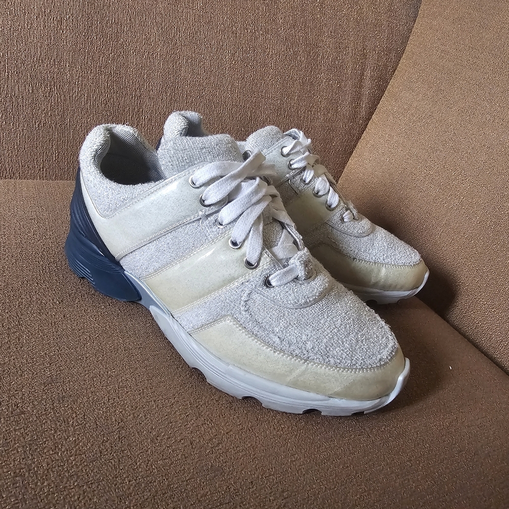 Chanel Iridescent Terry Cloth PVC Calfskin Sneakers Size 38